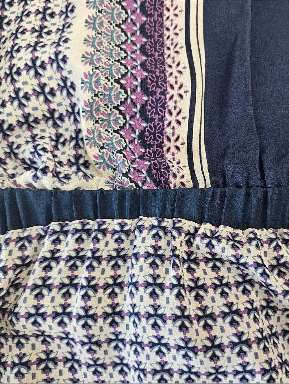 100 % Silk Daniel Rainn Navy, Cream and Purple V-Neck Patterned Tunic